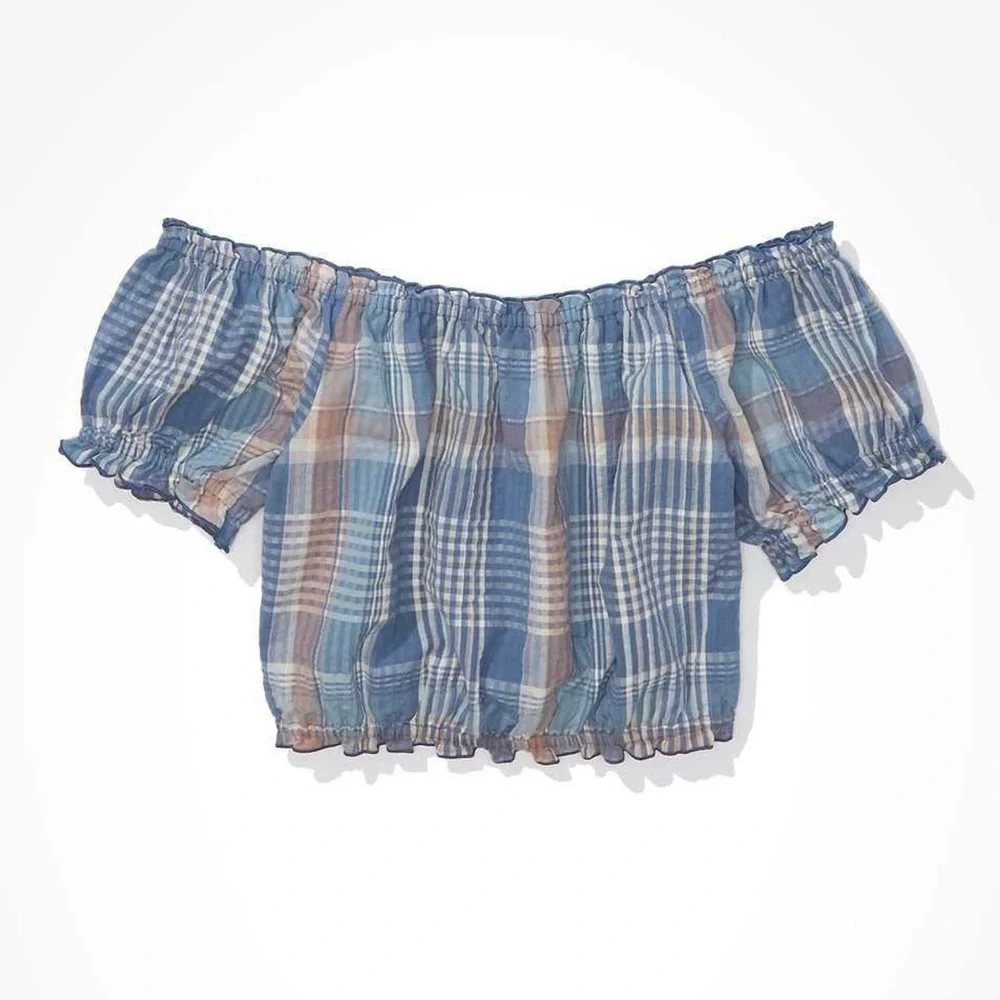 AEO 🦅 Off Shoulder Plaid Puff Sleeve Crop Top - Picture 8 of 15